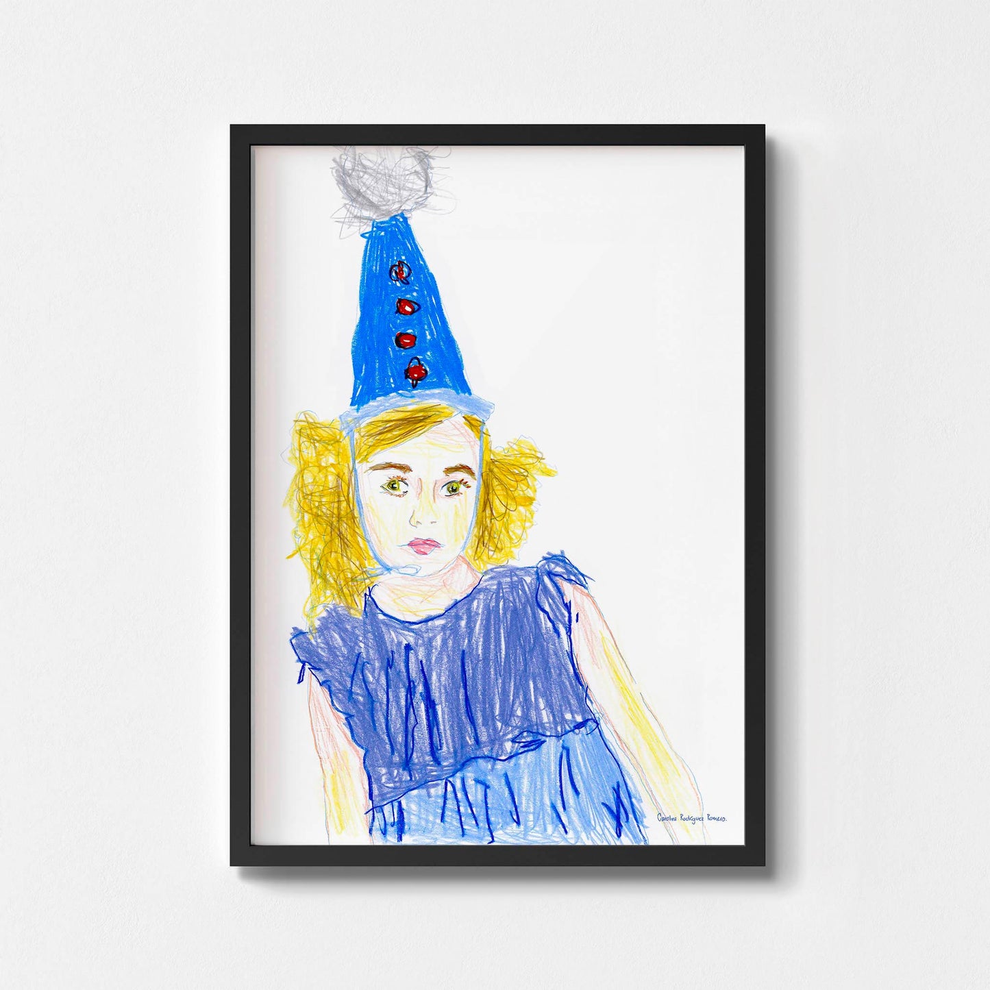 Colourful small art print of a girl in a blue party hat framed in black.