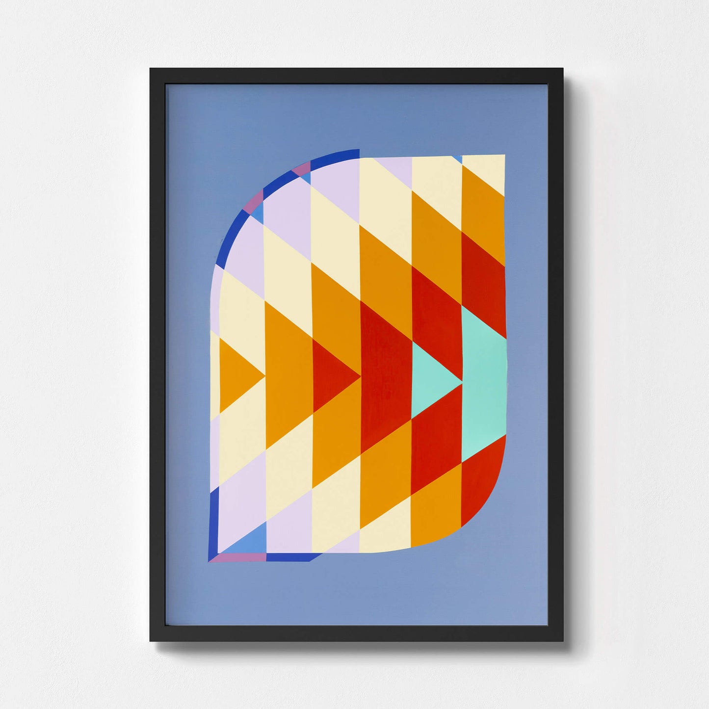 Abstract coloured print in a black frame.