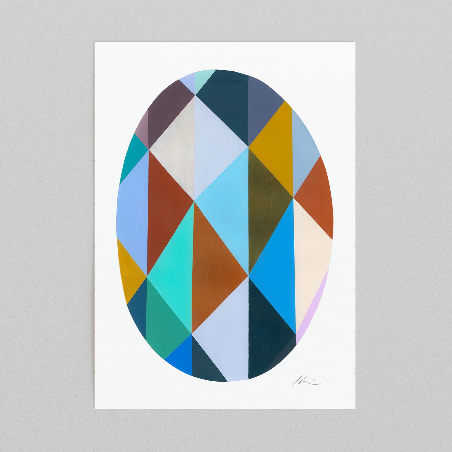 Unframed geometric abstract print with colourful triangles on a gray background.
