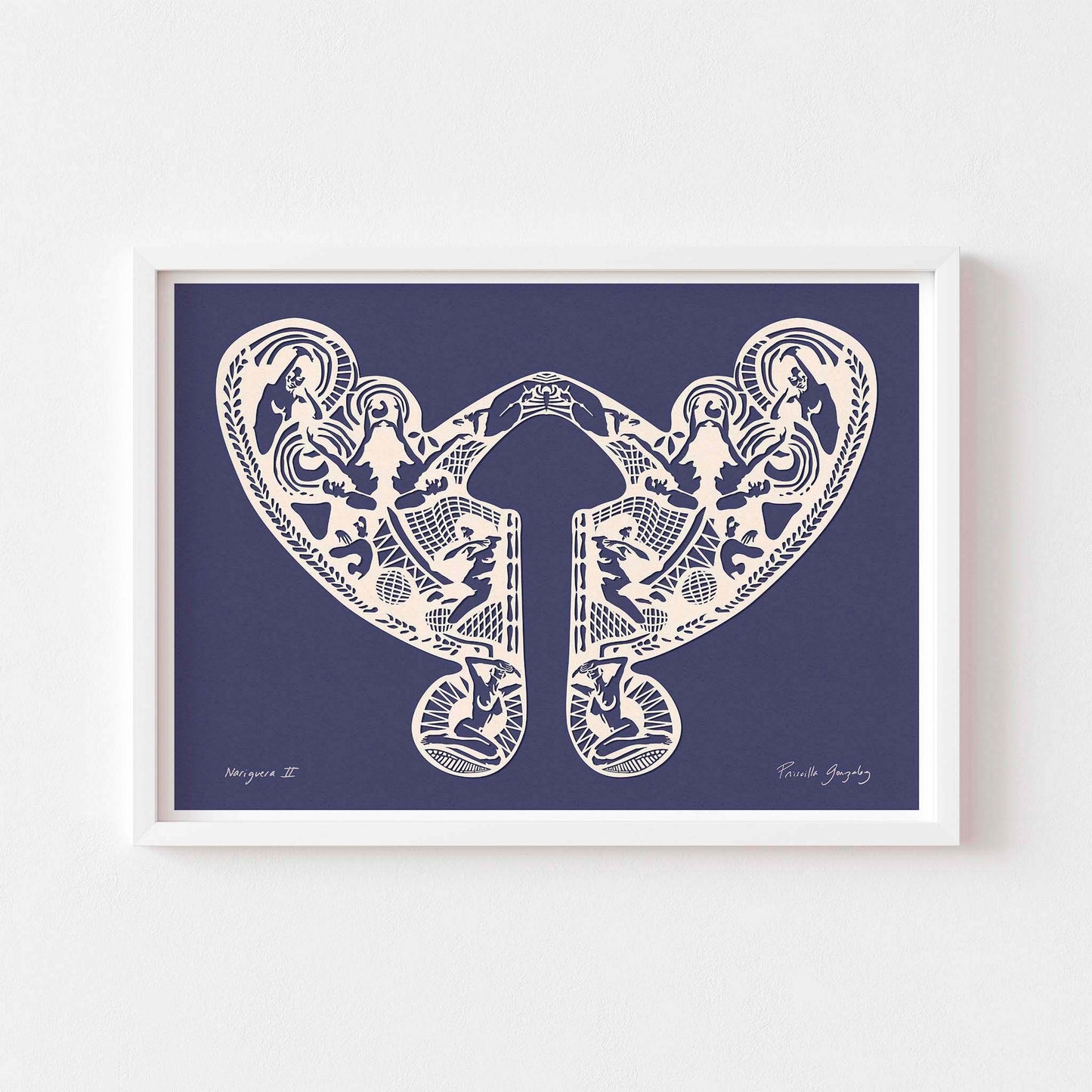 Dark blue paper cut art print with female figures  framed in white.