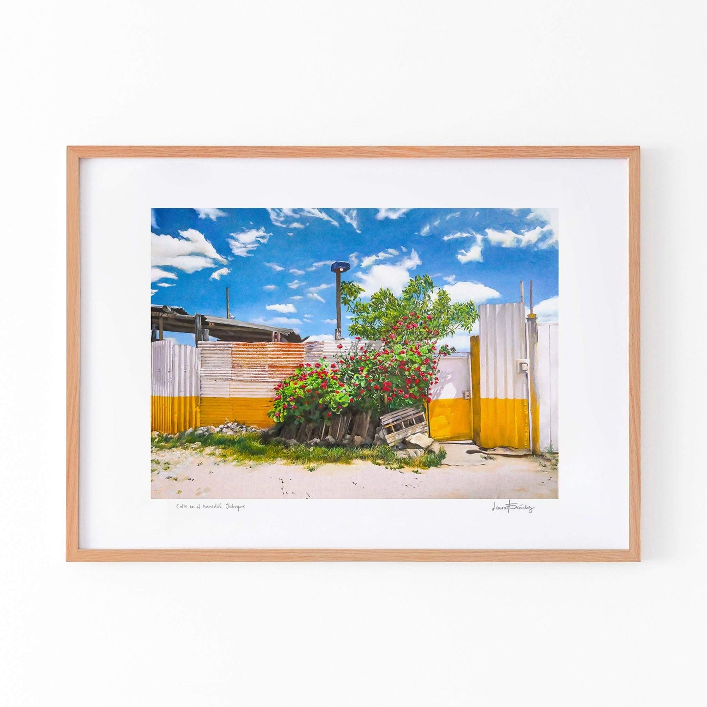 Modern landscape art print framed in oak.