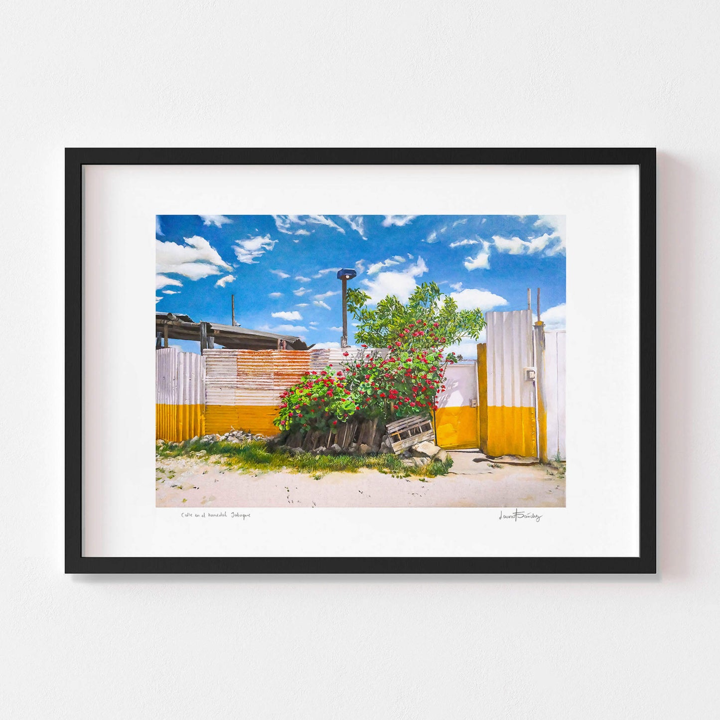 Modern landscape art print with a black frame.