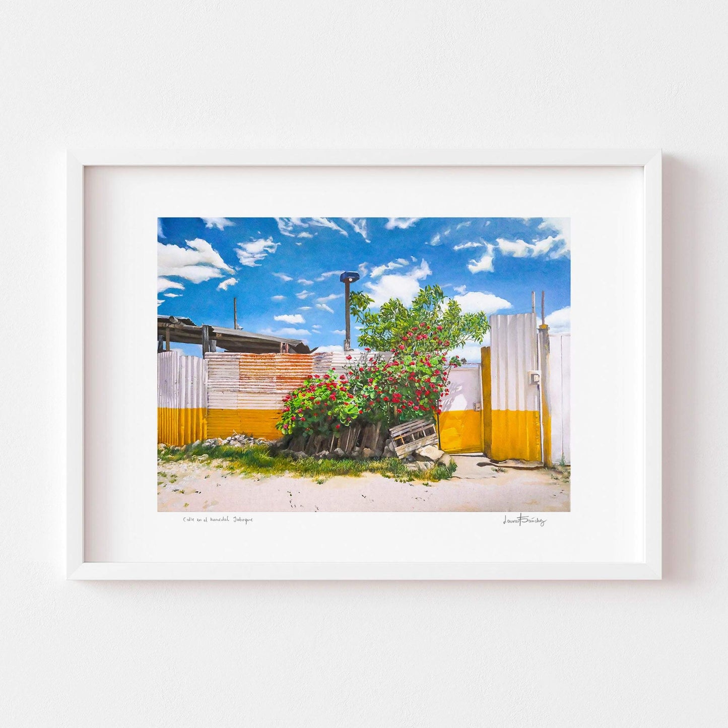 Modern landscape art print with a white frame.