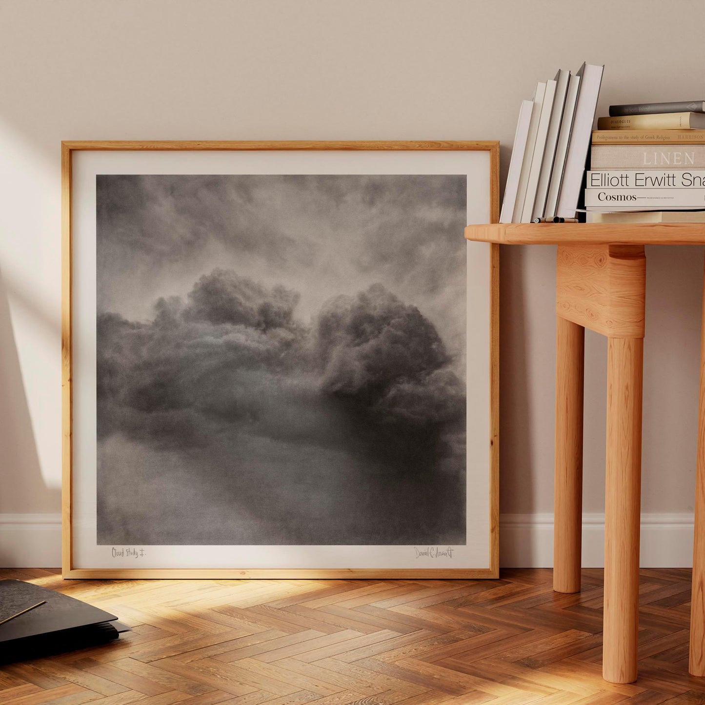 Monochrome art print of a cloud in a modern living space.