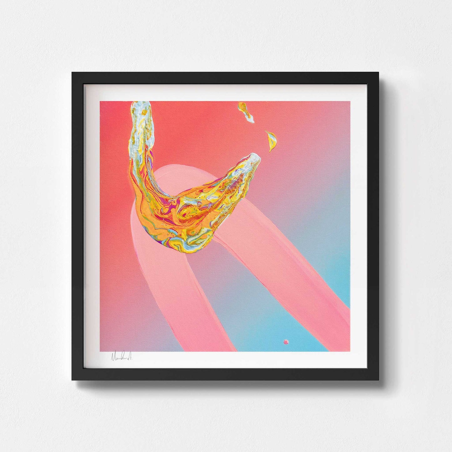 Square abstract art print in a black frame.