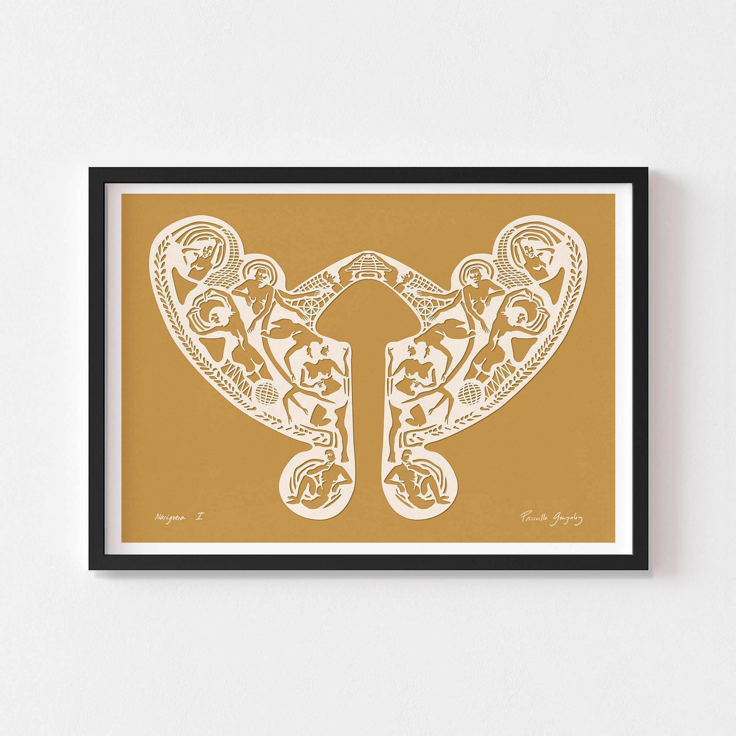 Yellow paper cut art wall print framed in black.