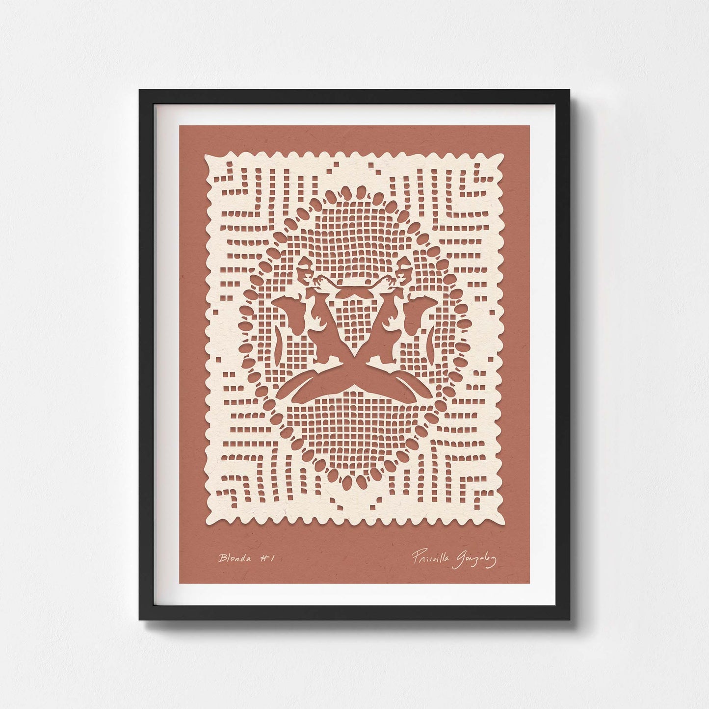Pink papercut female figures art print framed in black.