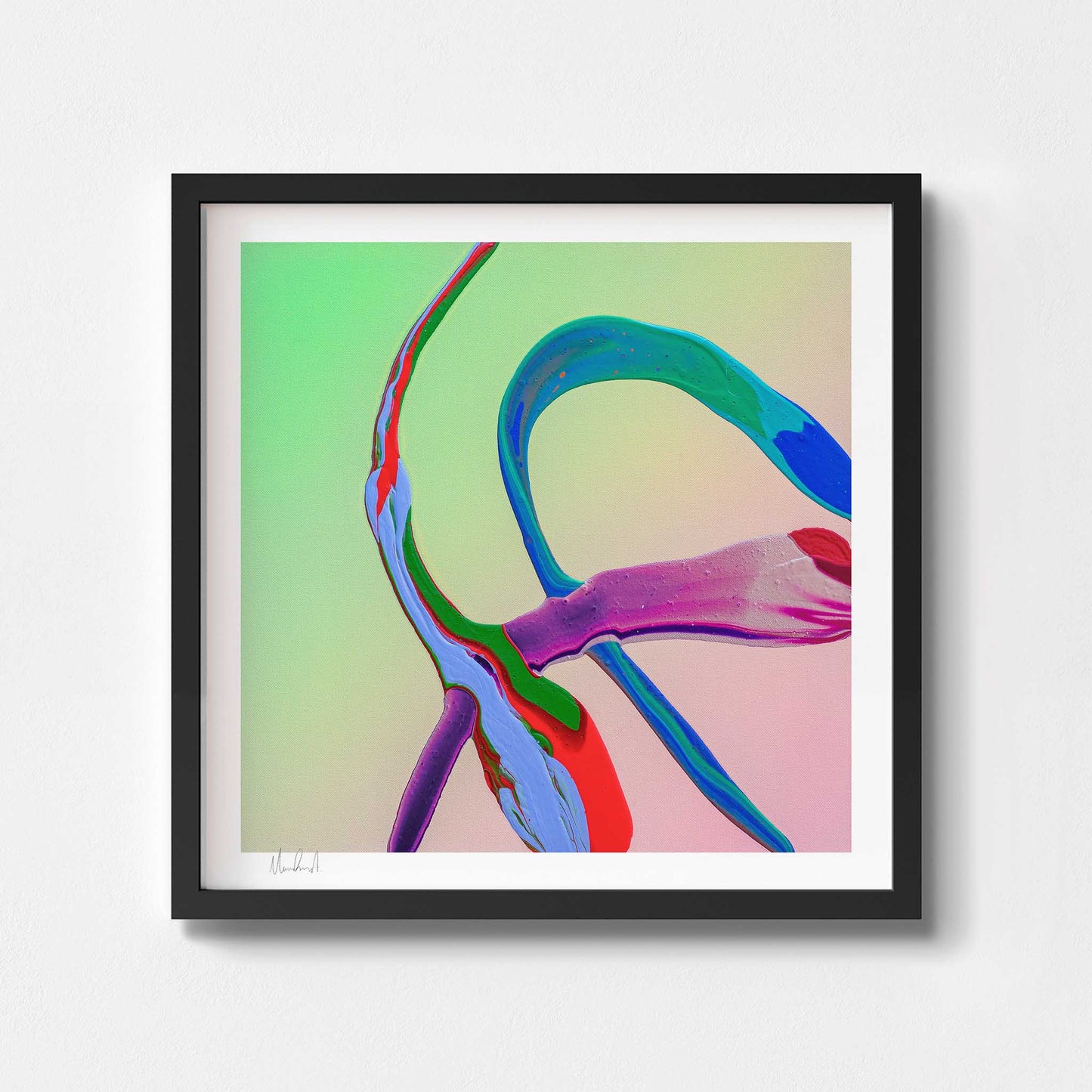 Square abstract wall art print in a black frame.