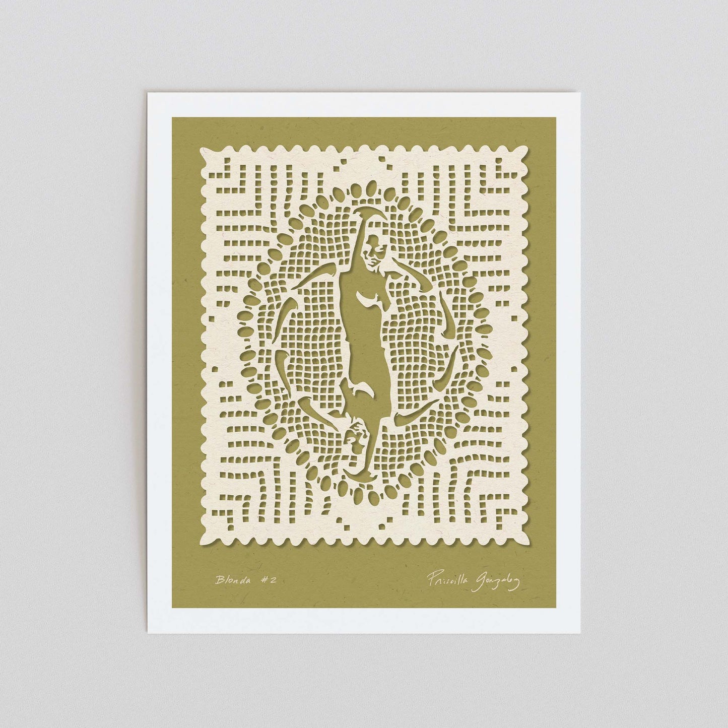 Green female figures papercut art print unframed.