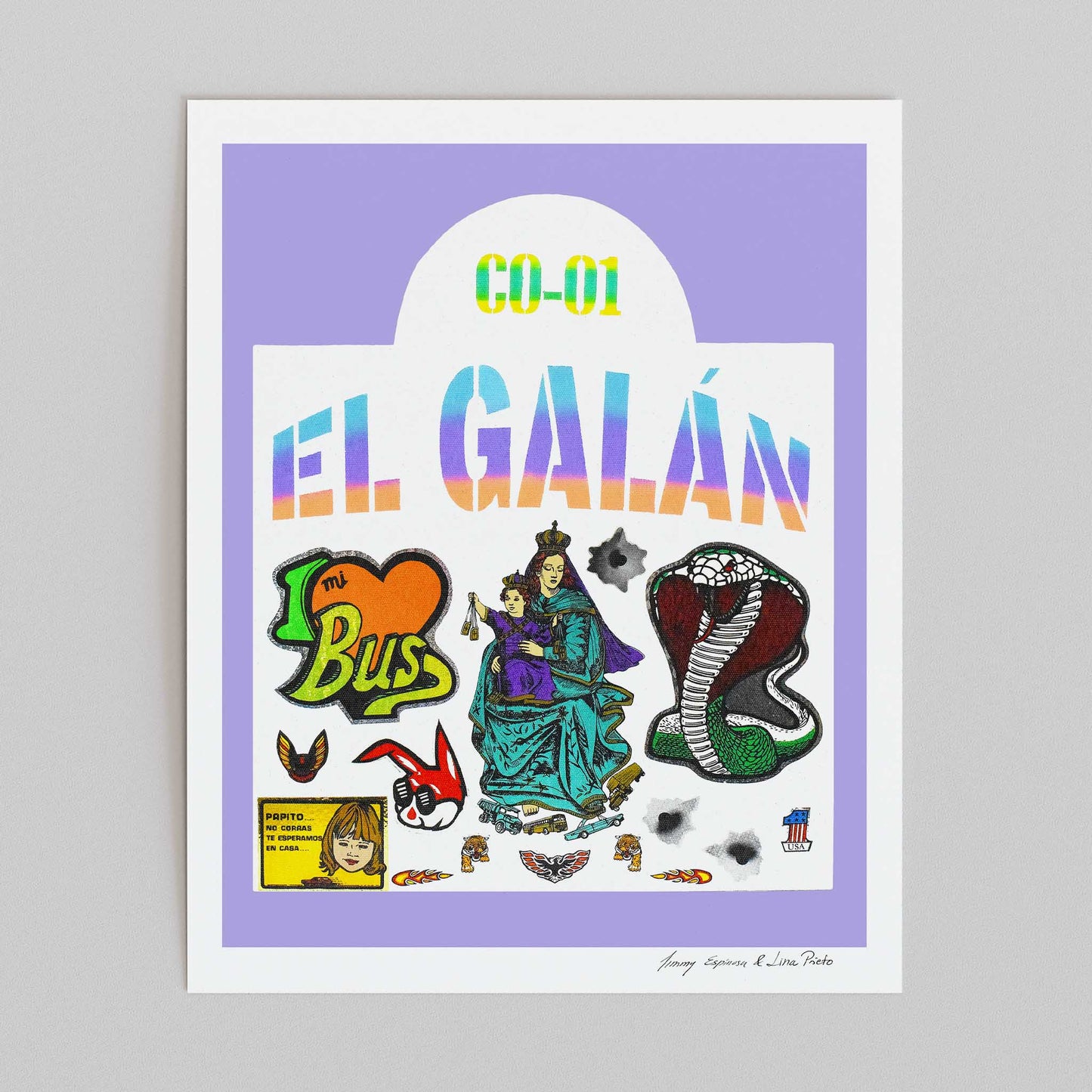 Colourful art print with 'El Galán' and 'I ❤️ Bus' text on a purple background.