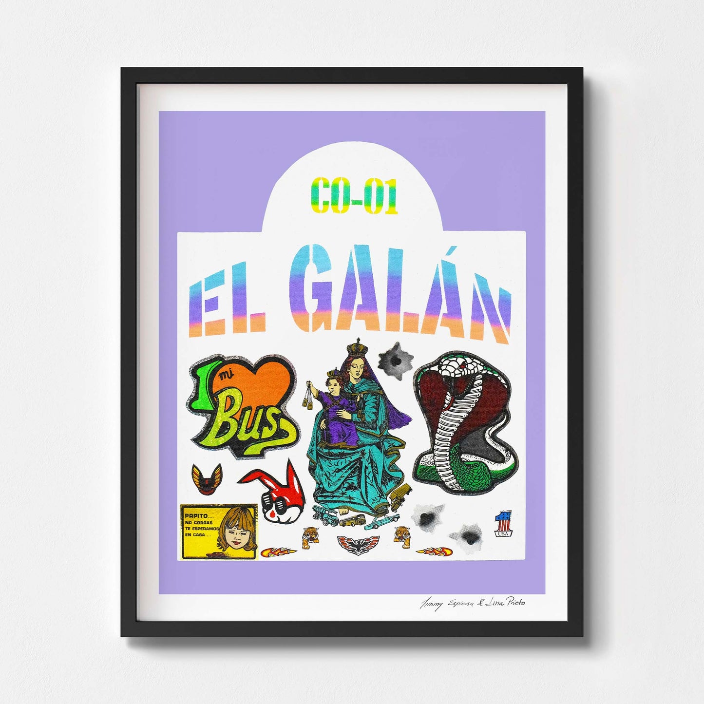 Framed art print with colourful graphics and text on a white background