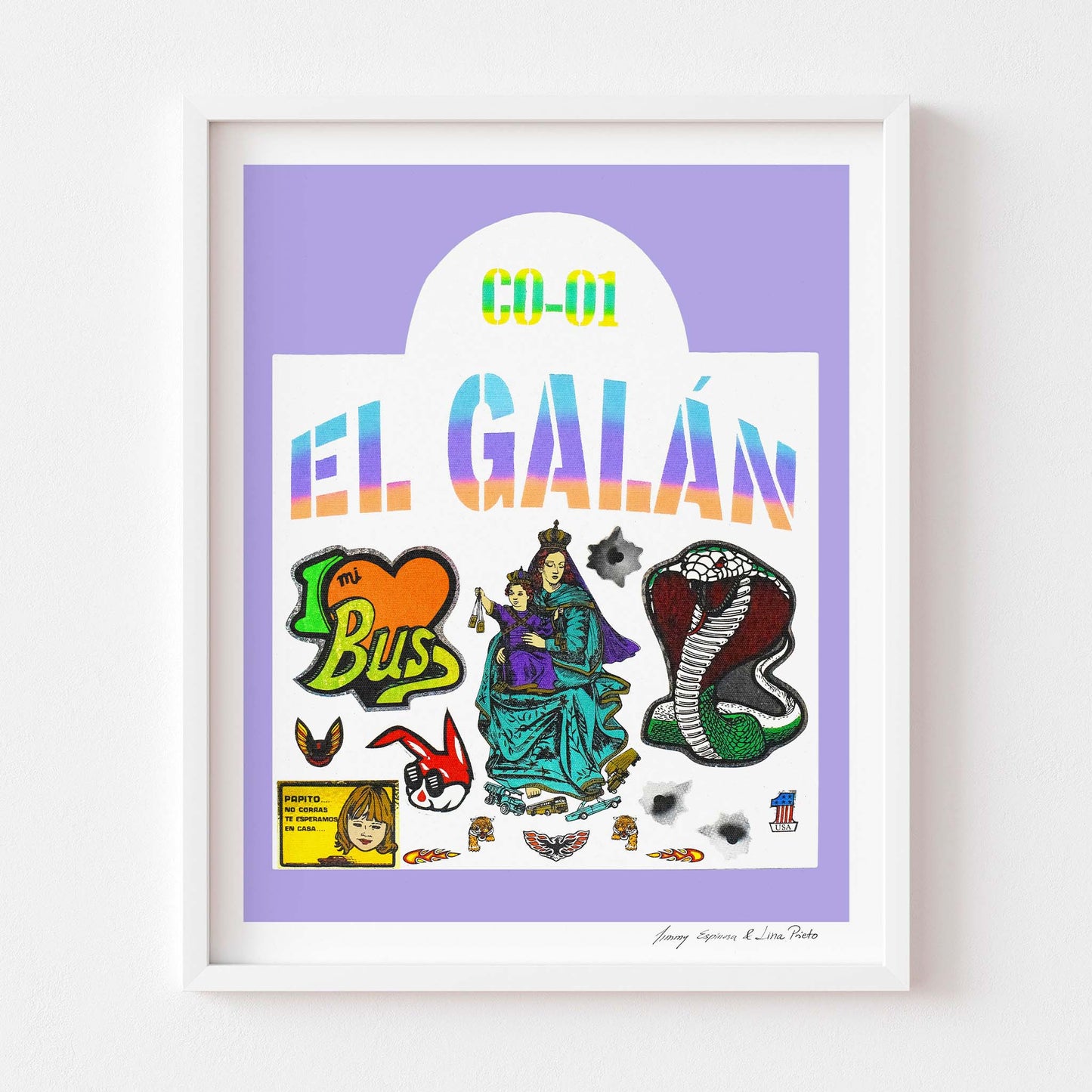Framed art print with colourful illustrations and text on a purple background
