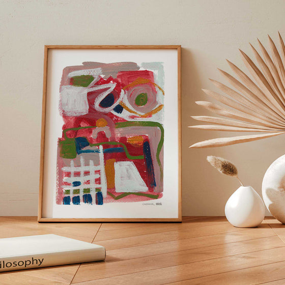 Modern abstract art print in a contemporary living room.