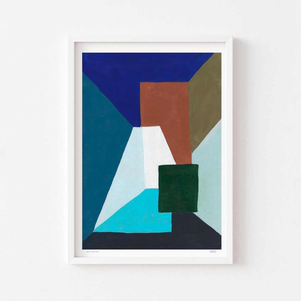 
                  
                    Geometric modern art poster framed in white.
                  
                