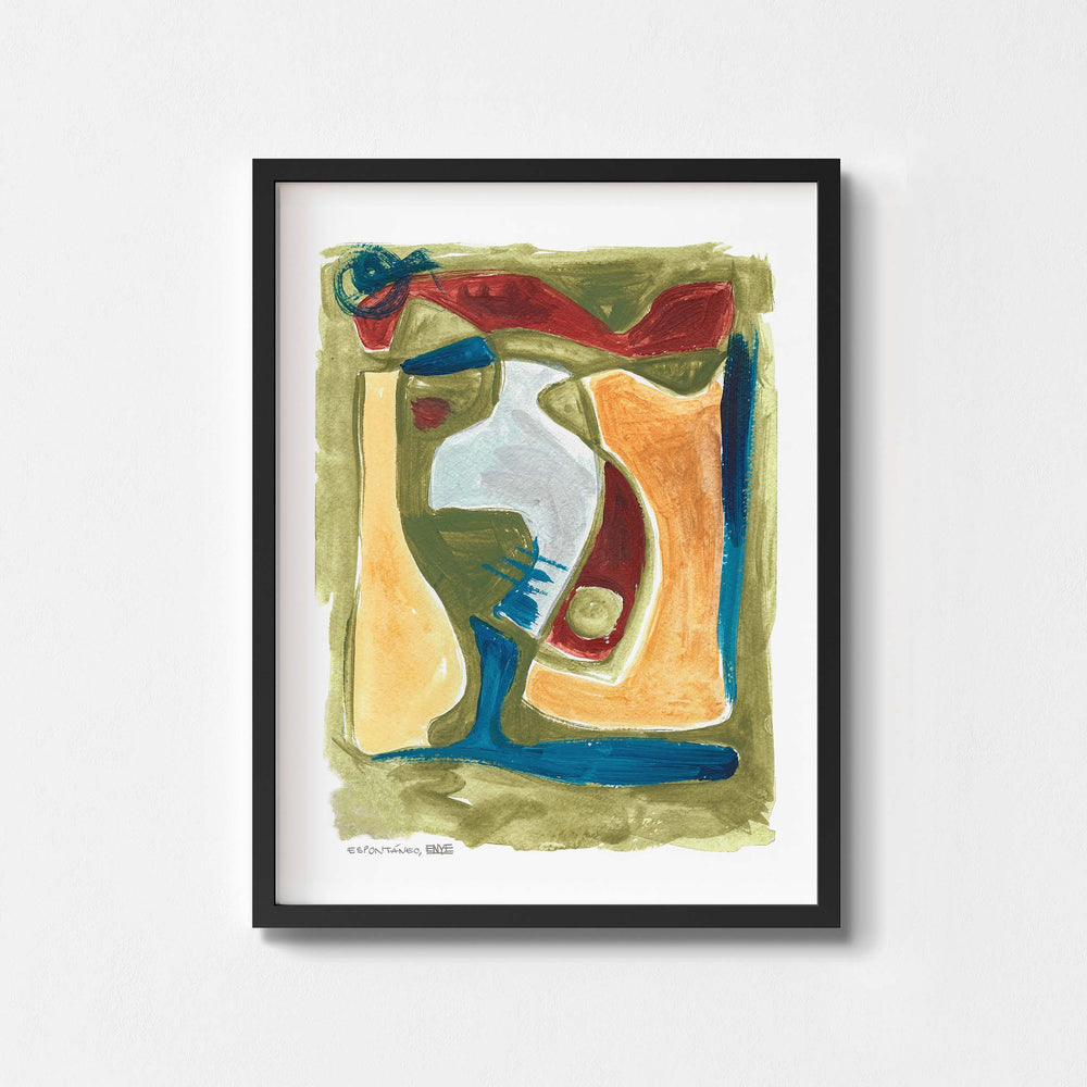 
                  
                    Green and yellow abstract wall art print framed in black.
                  
                