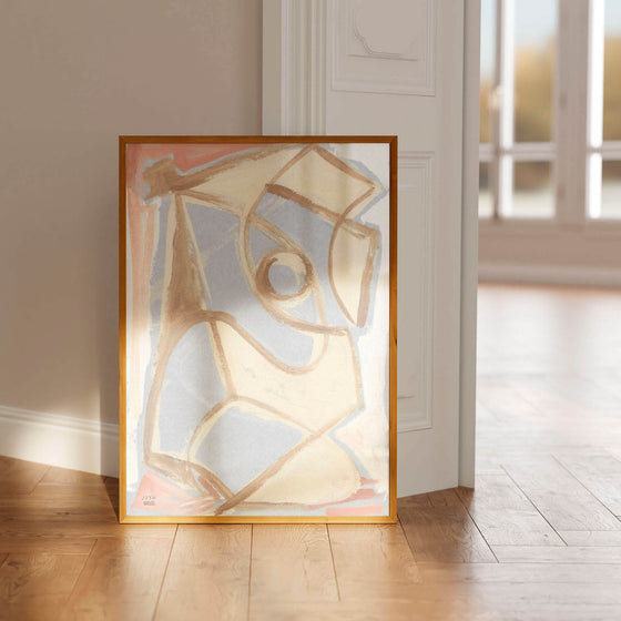 Modern abstract wall art poster in a neutral interior.