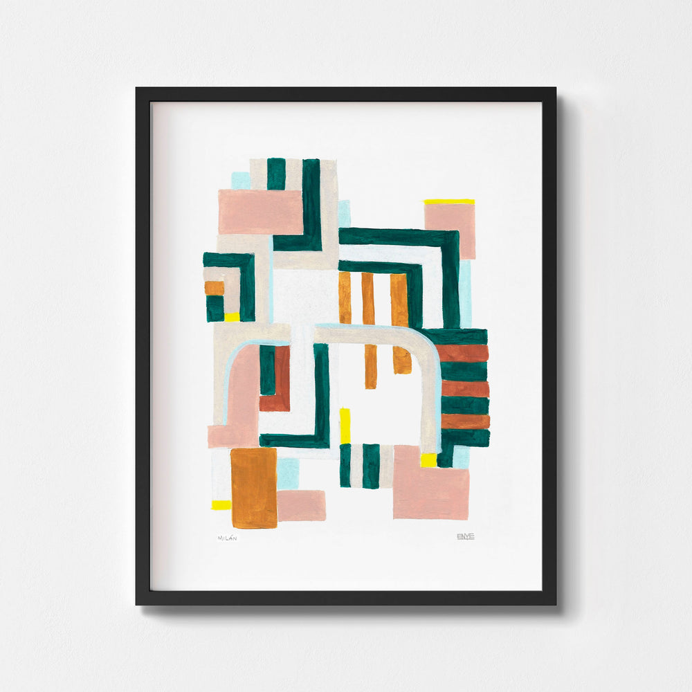 
                  
                    Geometric art wall poster framed in black.
                  
                