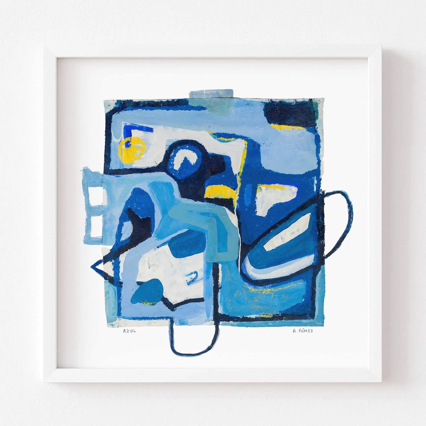 Abstract artwork with blue and white, plus yellow highlights, on a white background.