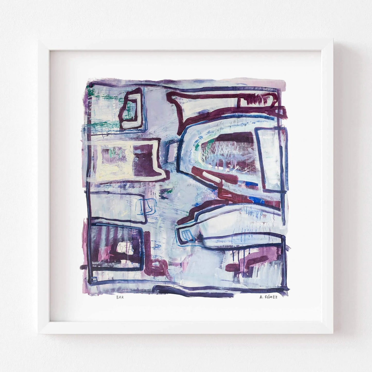 Abstract artwork with expressive shapes and minimal colors on a white background.