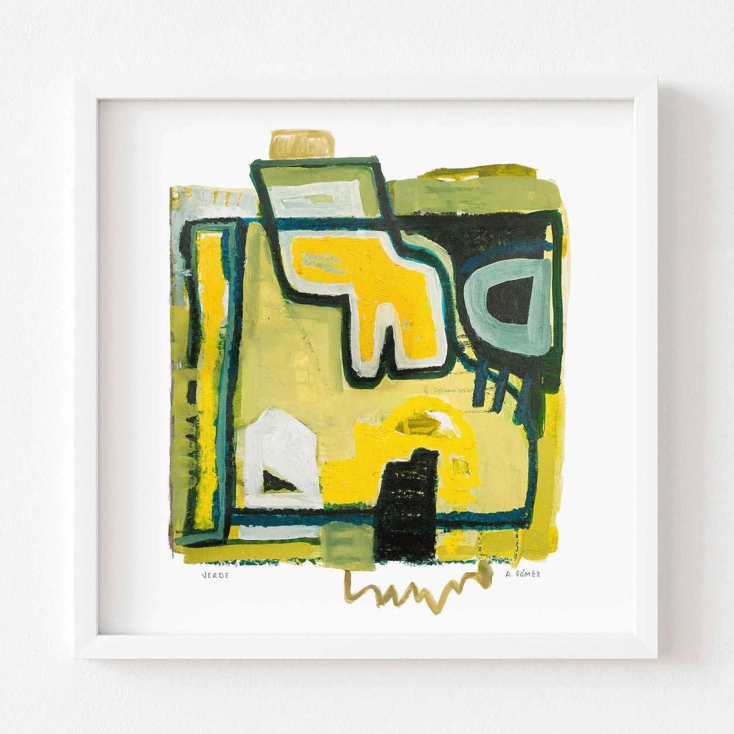Abstract art print with expressive shapes in green and yellow on a white background.