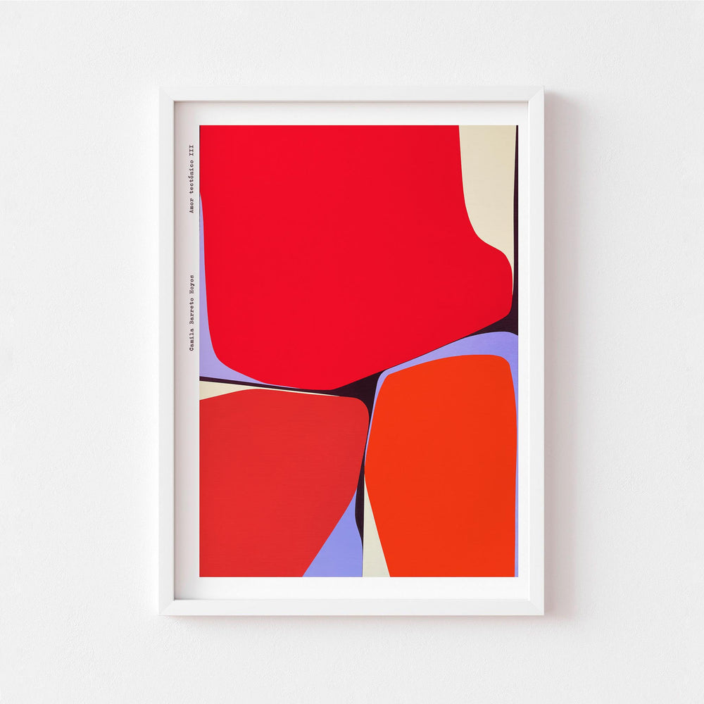 
                  
                    Bold red abstract art print in a white frame.
                  
                