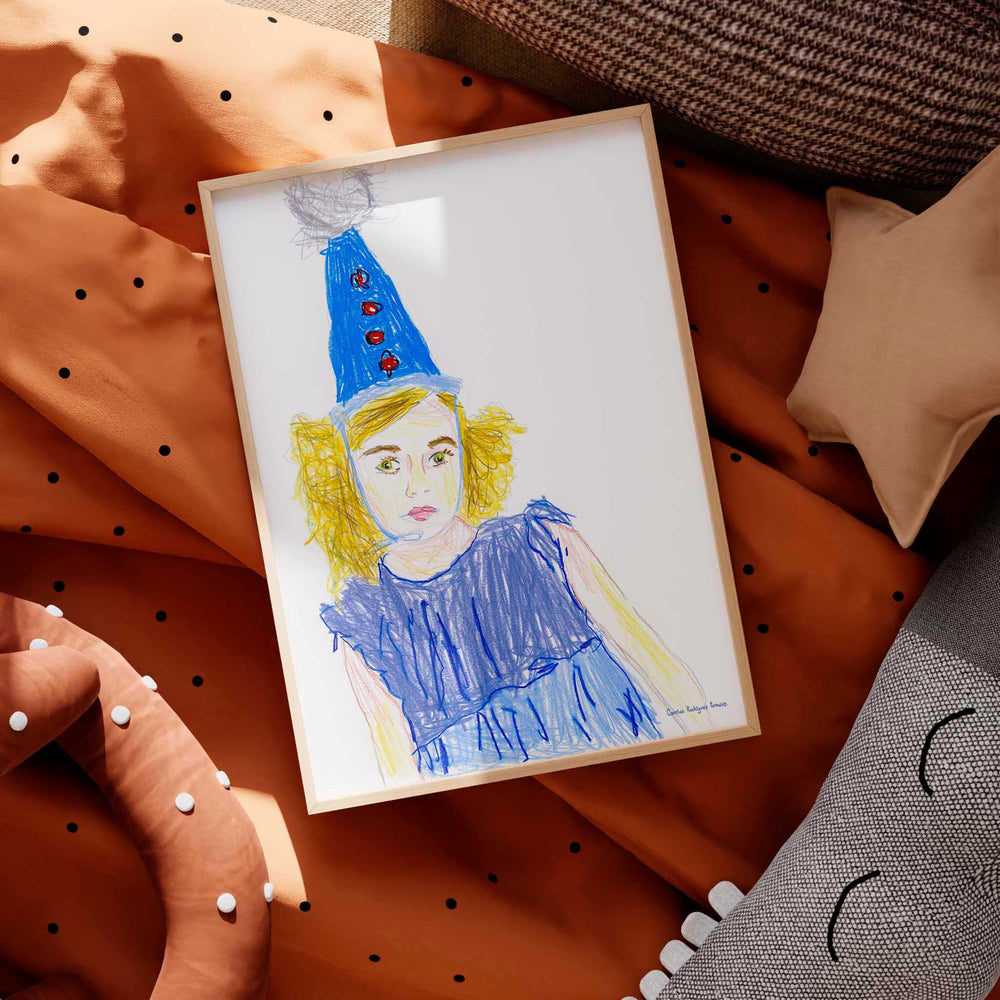 
                  
                    Framed art print portrait of a girl in a blue party hat.
                  
                