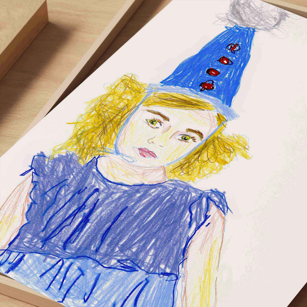 
                  
                    Unframed wall art print of a blonde girl in a blue party hat.
                  
                