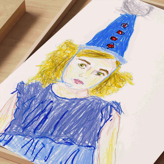 Unframed wall art print of a blonde girl in a blue party hat.