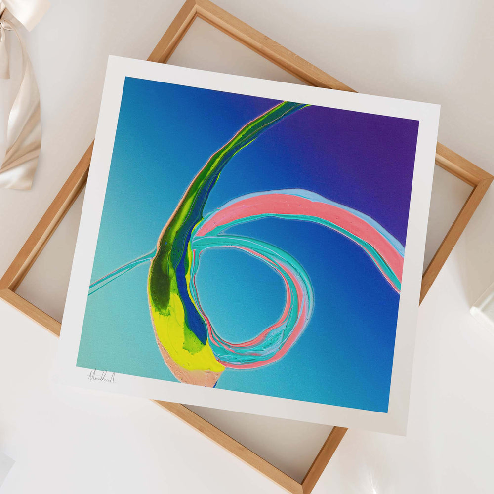 
                  
                    Unframed blue contemporary art print on a white tabletop.
                  
                