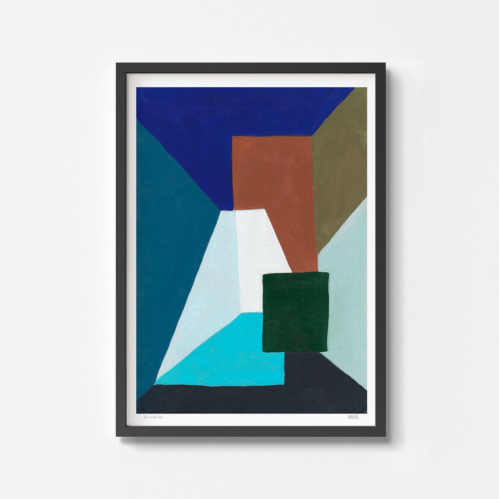 
                  
                    Blue abstract wall art poster framed in black.
                  
                