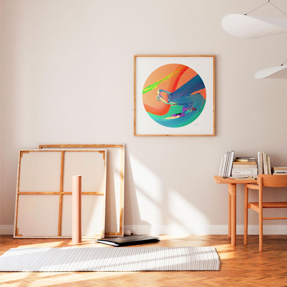 
                  
                    Circular abstract art print in a modern Scandinavian interior.
                  
                