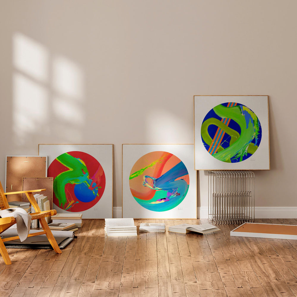 
                  
                    Trio of abstract art prints in a contemporary neutral interior.
                  
                