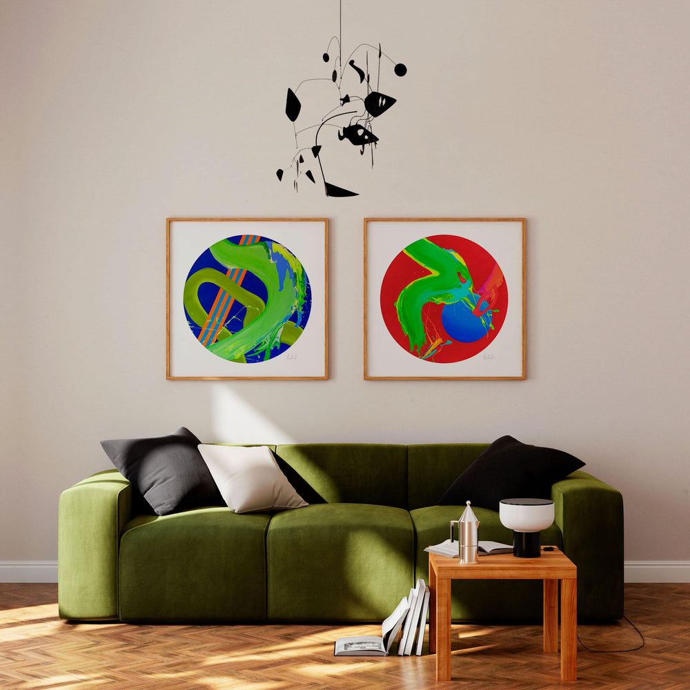 
                  
                    Two large abstract art prints in a modern living room.
                  
                