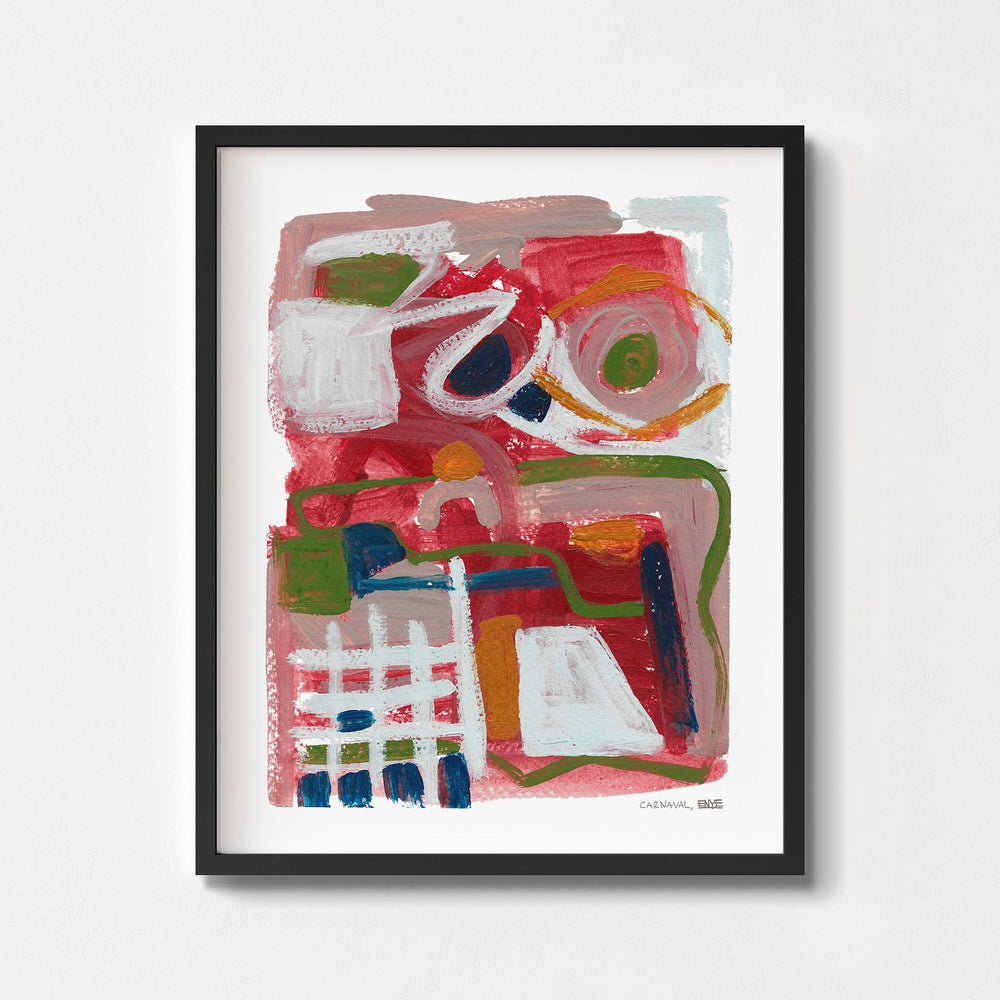 
                  
                    Modern red art poster framed in black.
                  
                