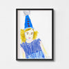 Colourful small art print of a girl in a blue party hat framed in black.