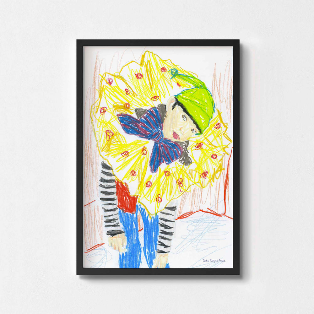 
                  
                    Contemporary wall art print of a boy in a clown costume framed in black.
                  
                