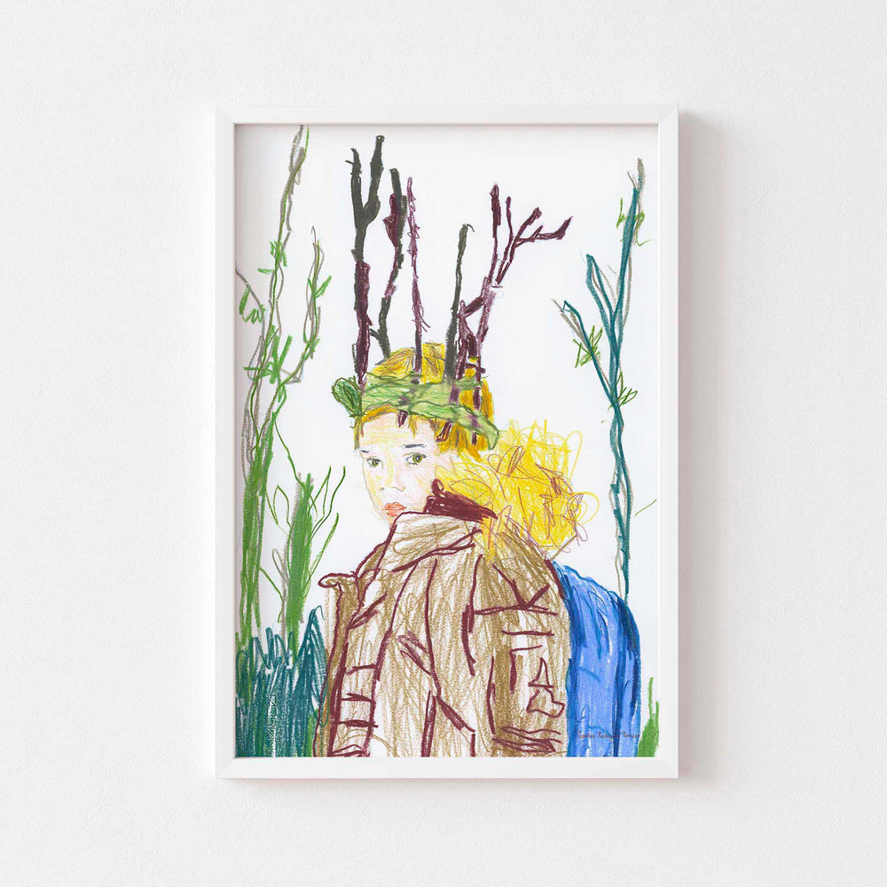 Modern art print portrait of a boy in nature framed in white.