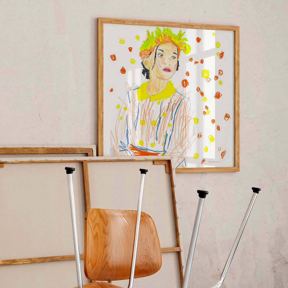 
                  
                    Contemporary wall art print of a girl framed and displayed in a modern living space.
                  
                