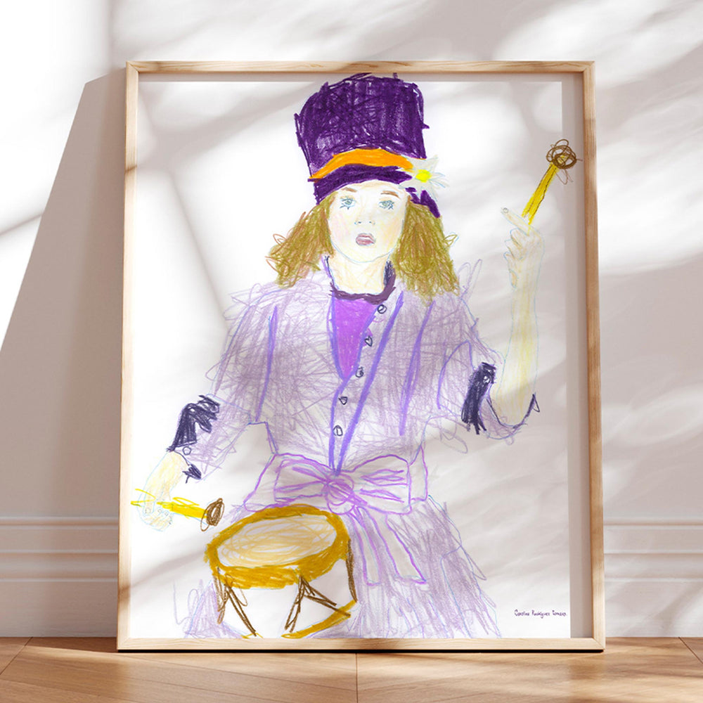 
                  
                    Modern art print portrait of a child playing a drum displayed in a neutral interior.
                  
                