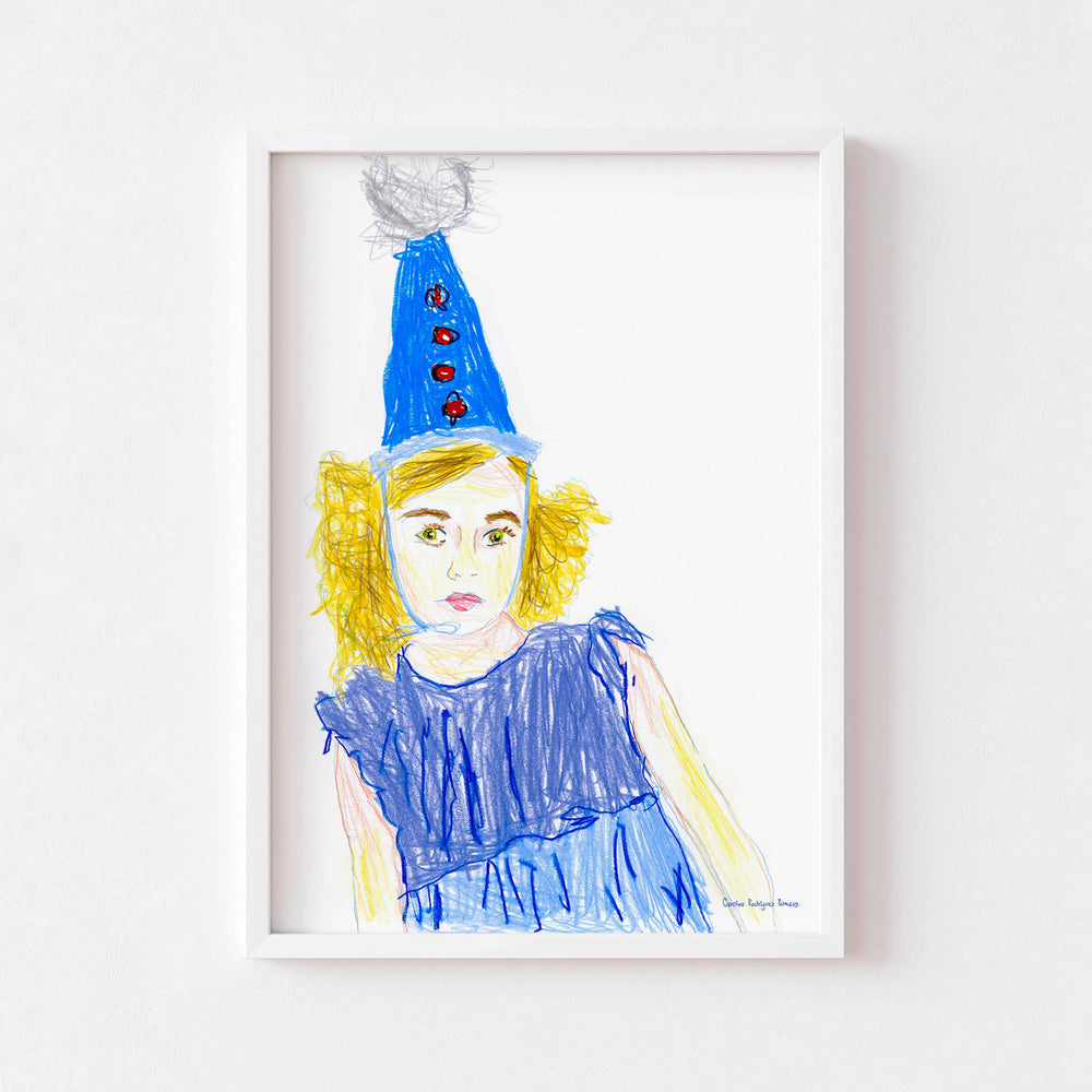 
                  
                    Contemporary art print sketch of a girl in a blue party hat framed in white.
                  
                