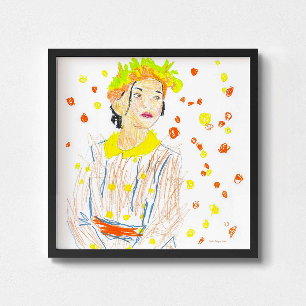 
                  
                    Orange and yellow art print portrait of a child framed in black.
                  
                