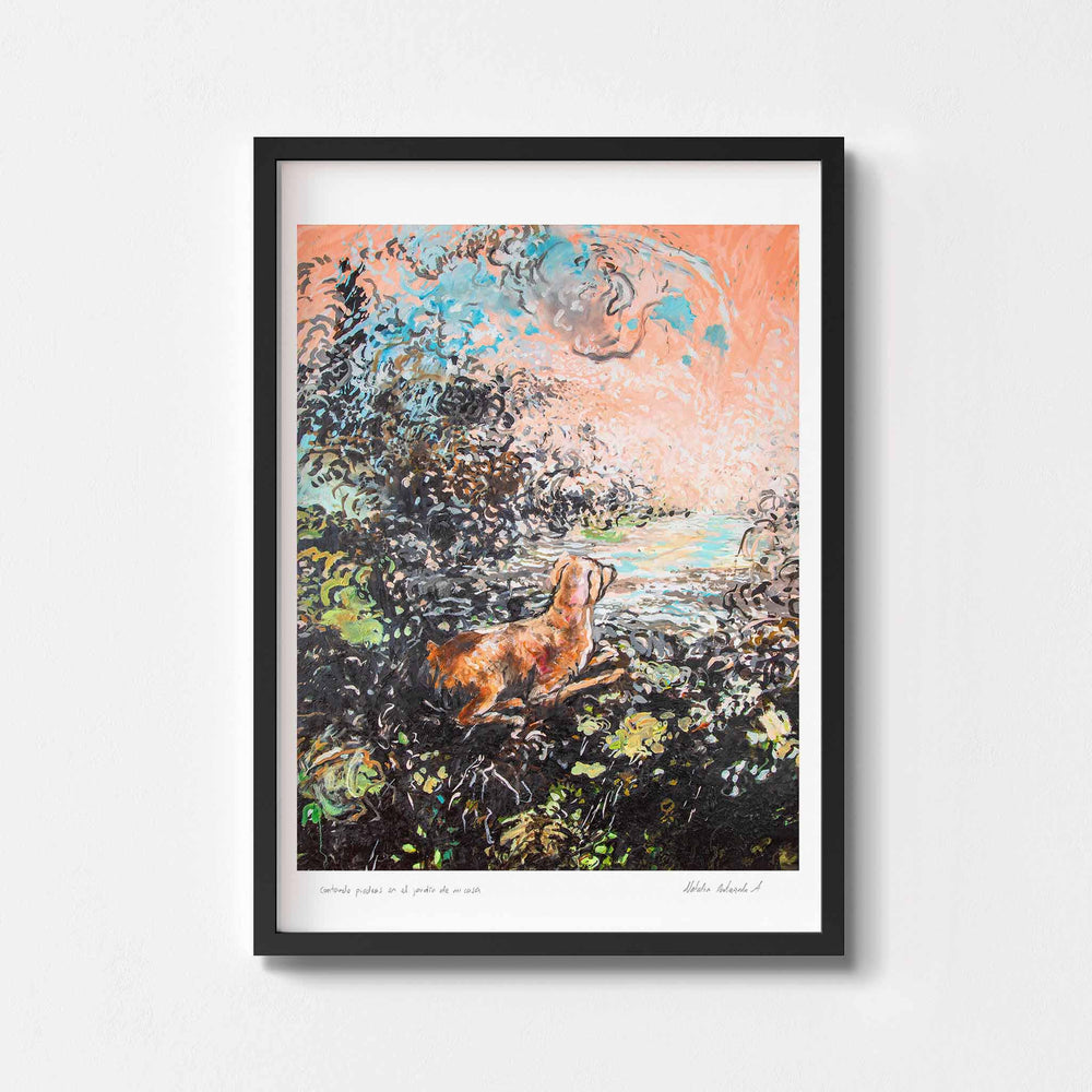 
                  
                    Landscape with dog wall art print framed in black.
                  
                