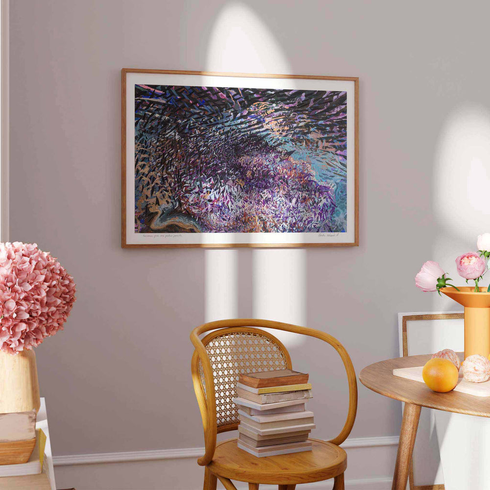 
                  
                    Large horizontal wall art print of a purple abstract landscape framed in a modern interior.
                  
                