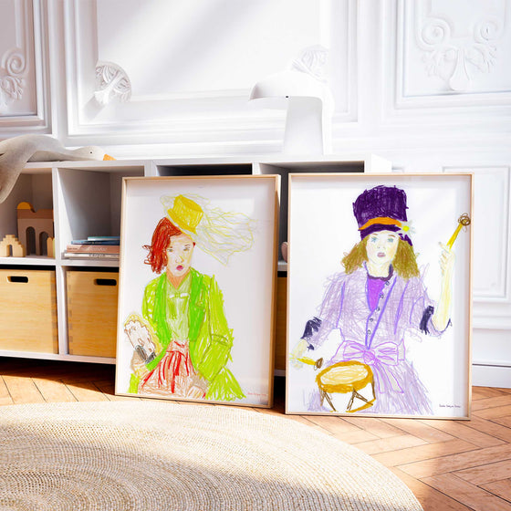 Pair of brightly coloured art print portraits of children in a modern bedroom.