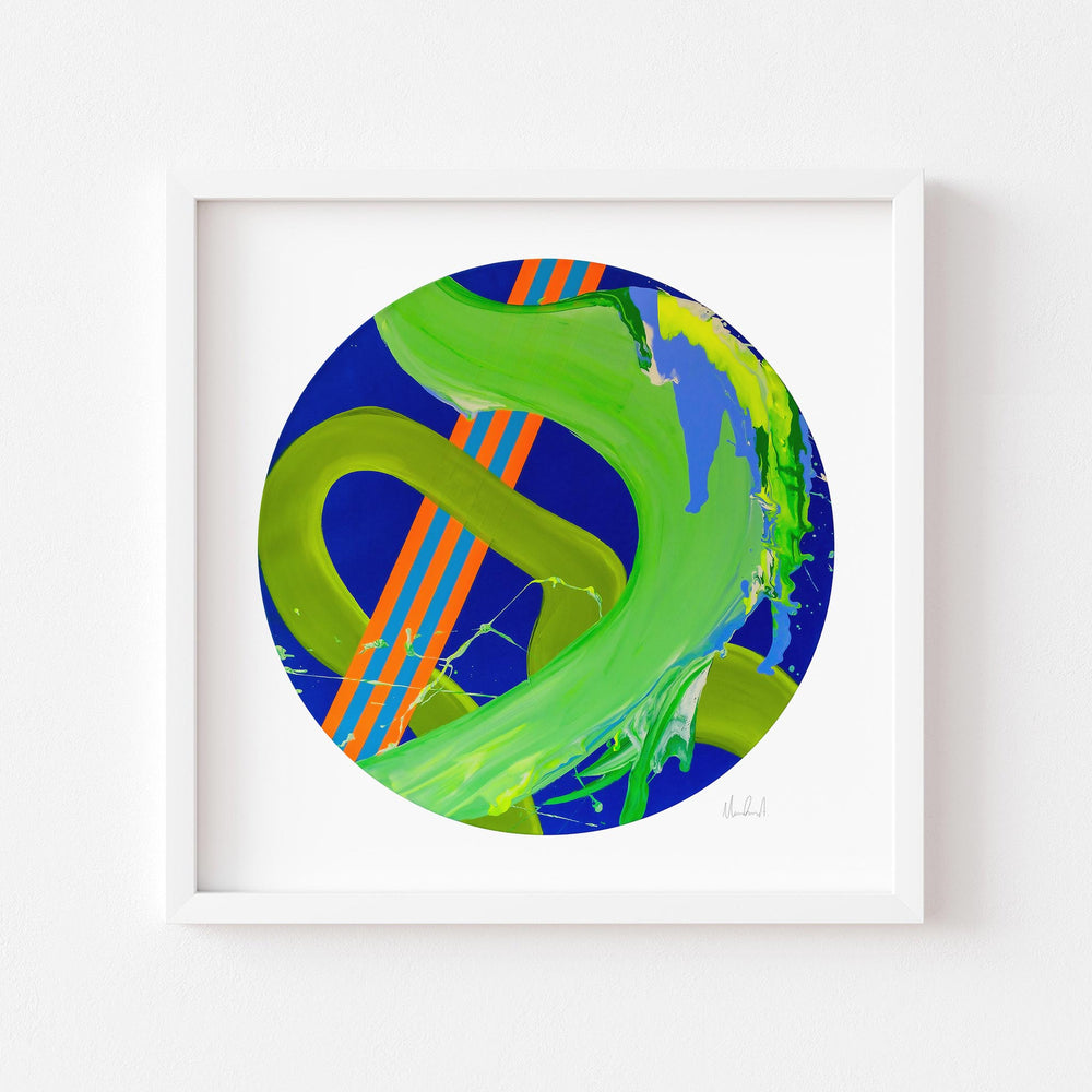 
                  
                    Green and blue circle art print in a white frame.
                  
                