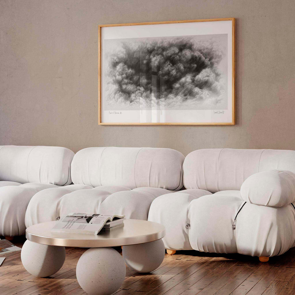 
                  
                    Large horizontal black and white artwork print of a cloud in a modern living room.
                  
                