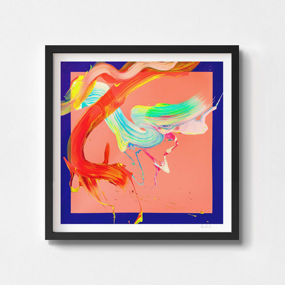 Square abstract art print in a black frame.