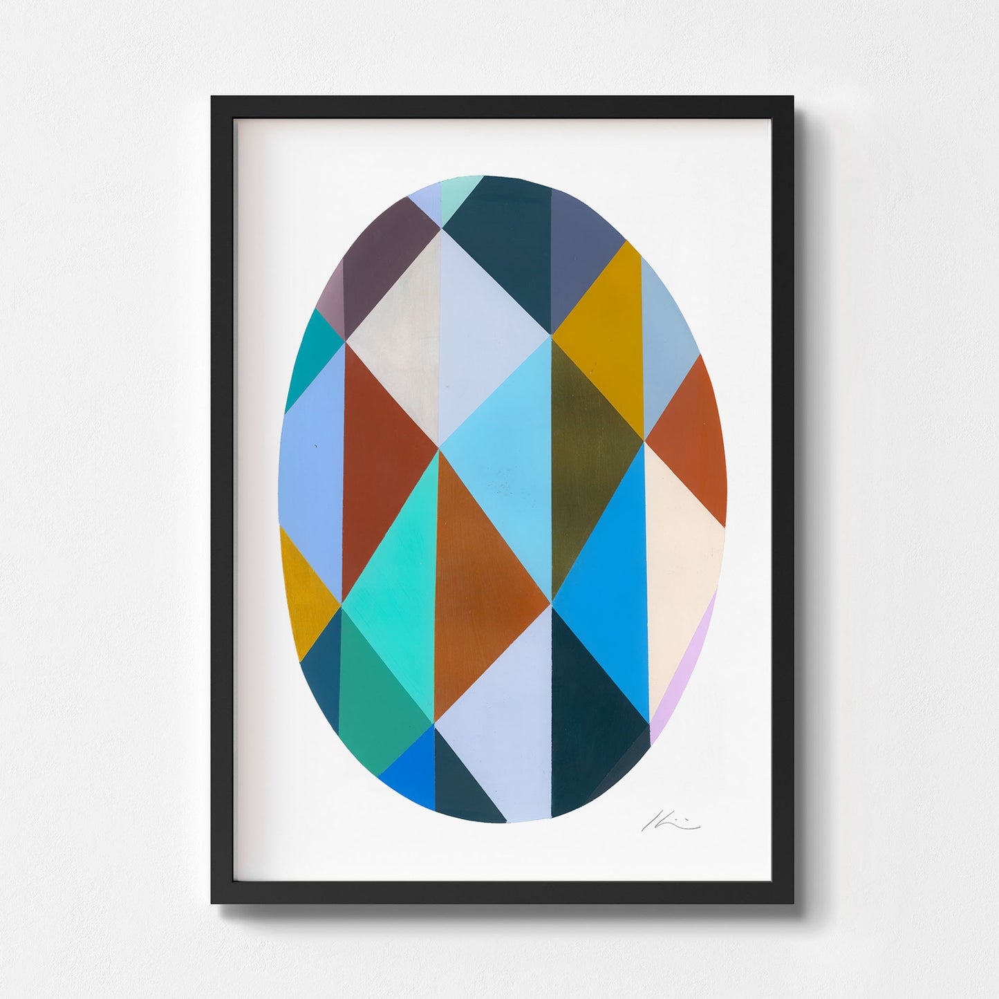 Framed abstract art print with geometric design on a white background.