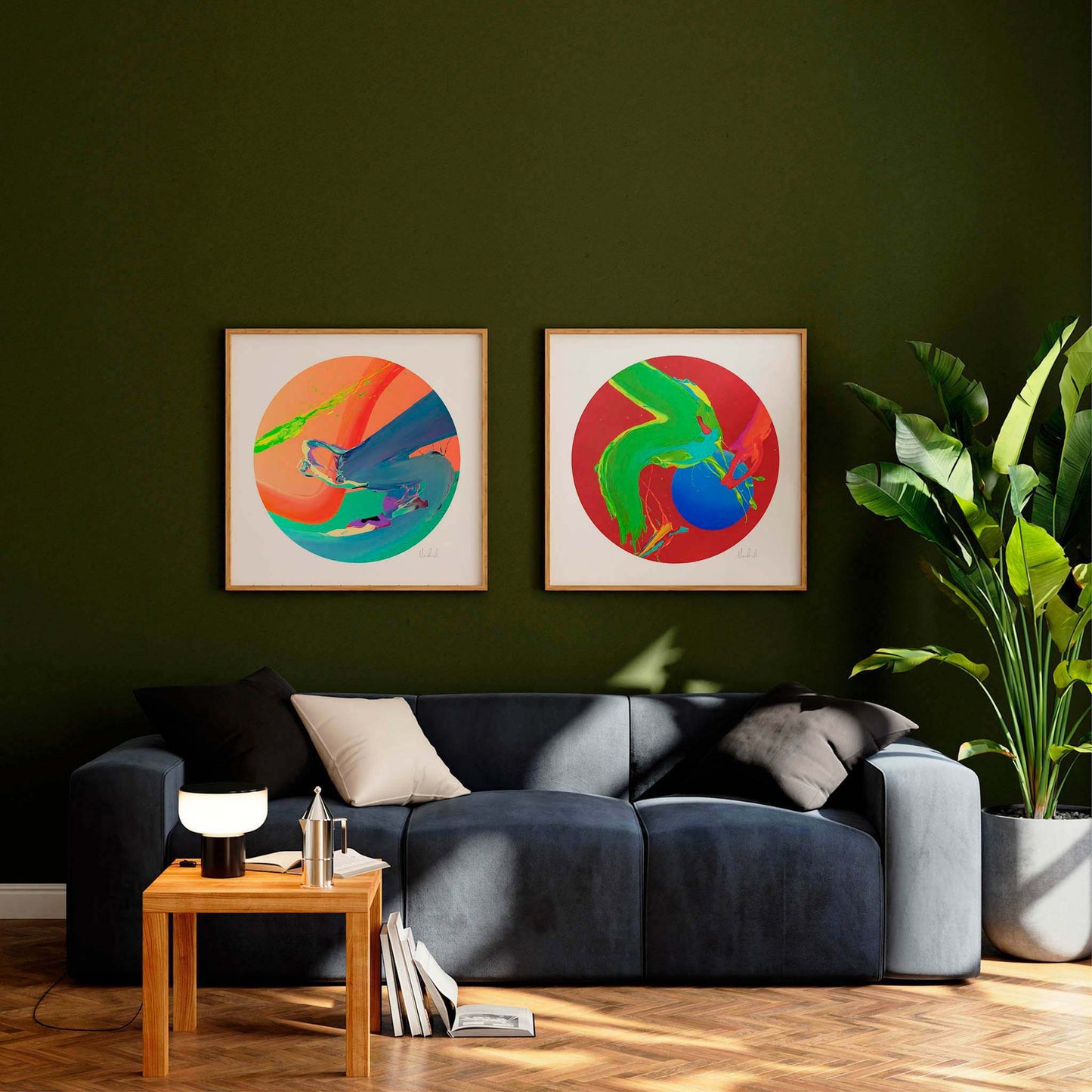 Two colourful abstract art prints in a modern living room.