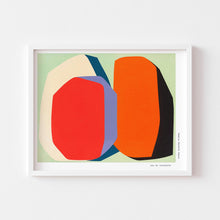  Orange and red abstract wall art poster framed in white.